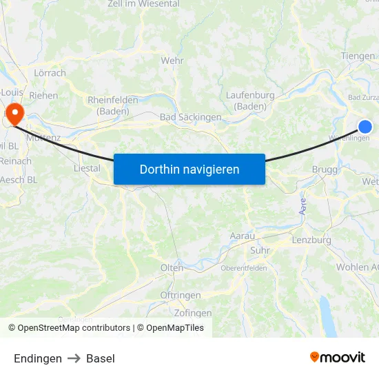 Endingen to Basel map