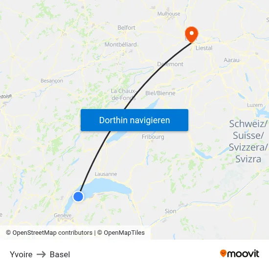 Yvoire to Basel map