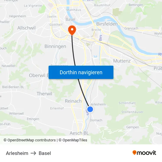 Arlesheim to Basel map