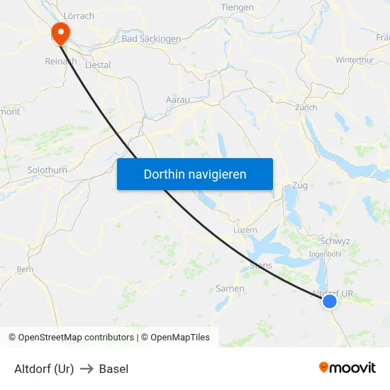 Altdorf (Ur) to Basel map