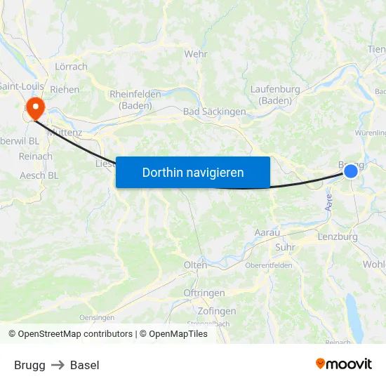 Brugg to Basel map