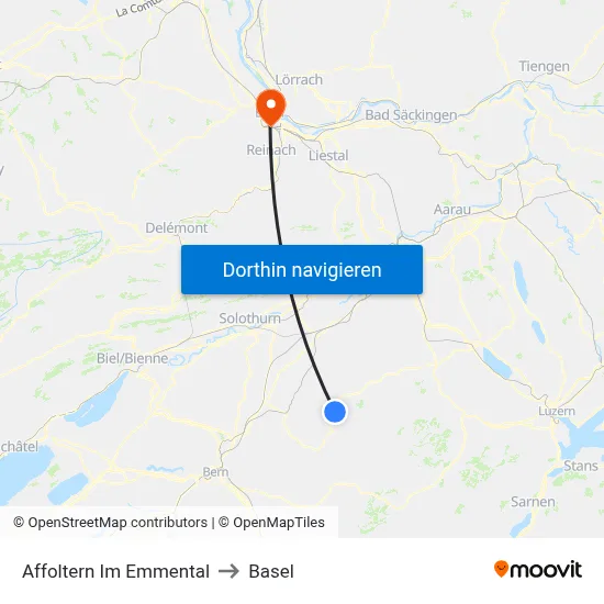 Affoltern Im Emmental to Basel map