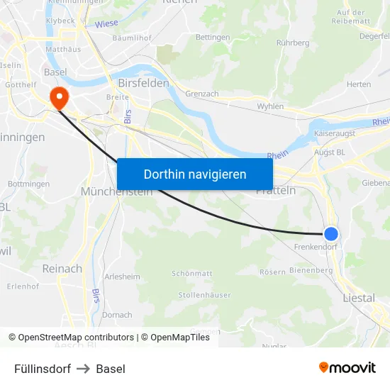 Füllinsdorf to Basel map