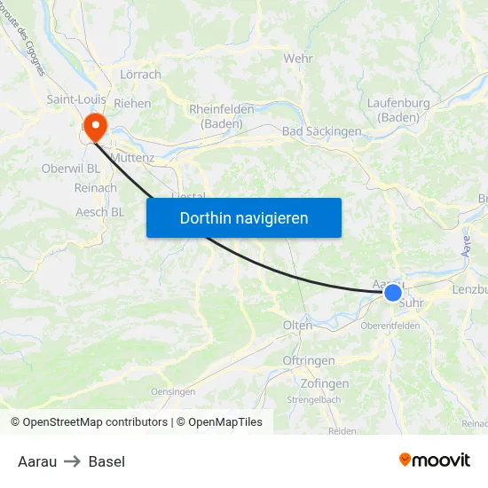 Aarau to Basel map