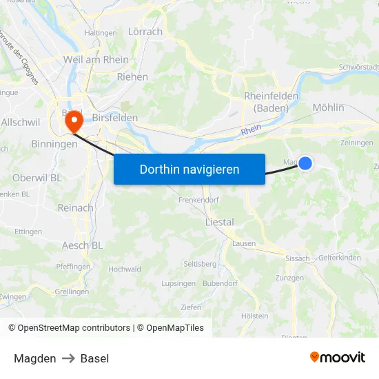 Magden to Basel map