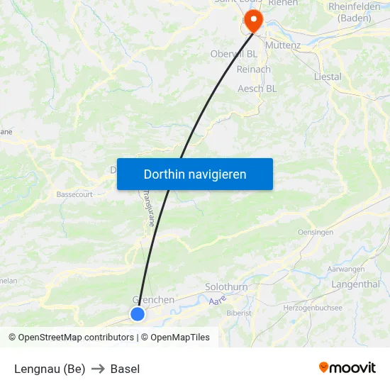 Lengnau (Be) to Basel map