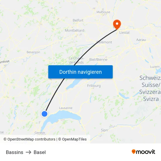 Bassins to Basel map