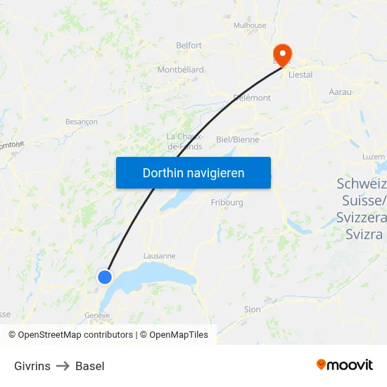 Givrins to Basel map