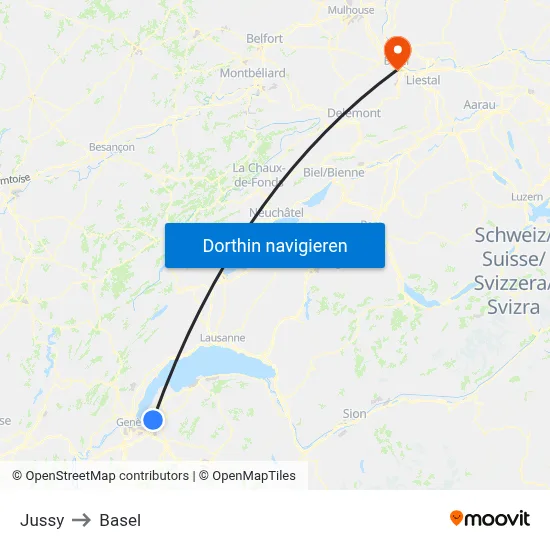 Jussy to Basel map
