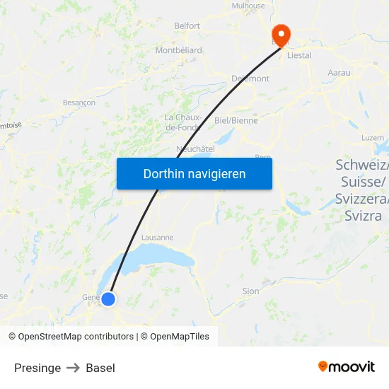 Presinge to Basel map
