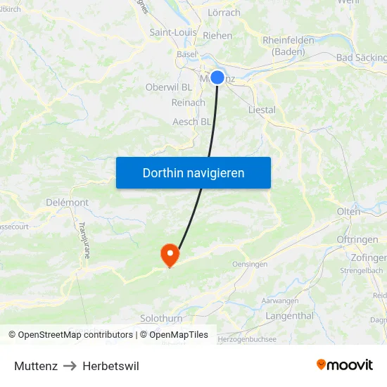 Muttenz to Herbetswil map