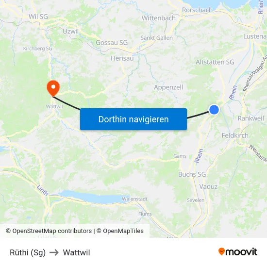 Rüthi (Sg) to Wattwil map