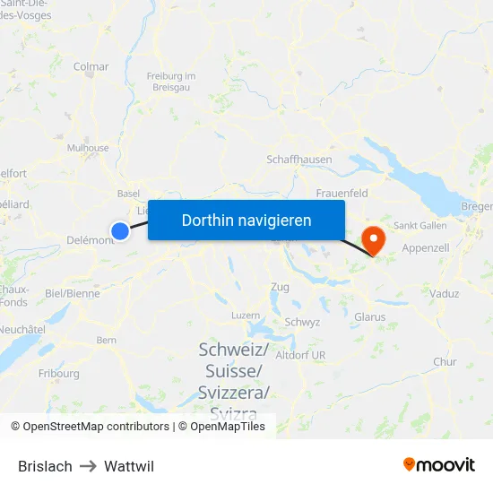 Brislach to Wattwil map
