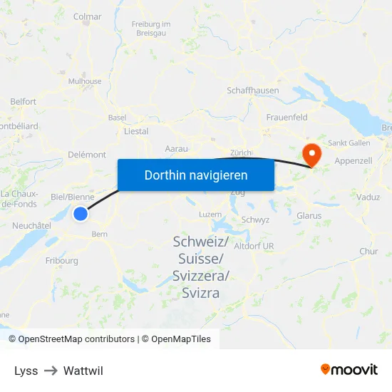 Lyss to Wattwil map