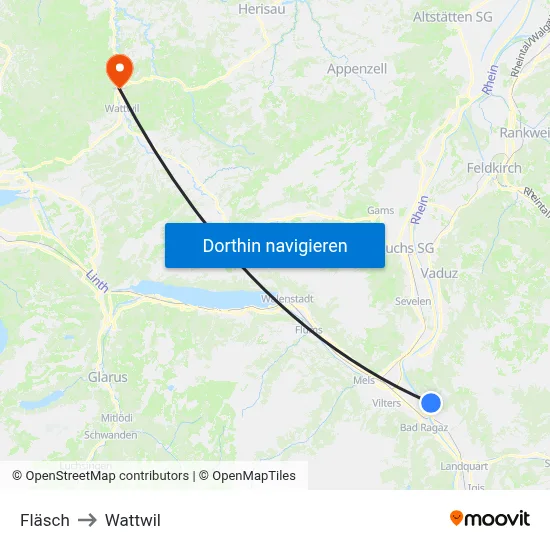 Fläsch to Wattwil map