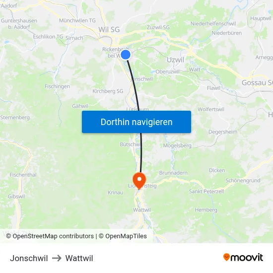 Jonschwil to Wattwil map