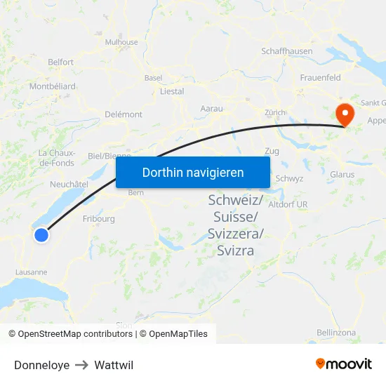 Donneloye to Wattwil map