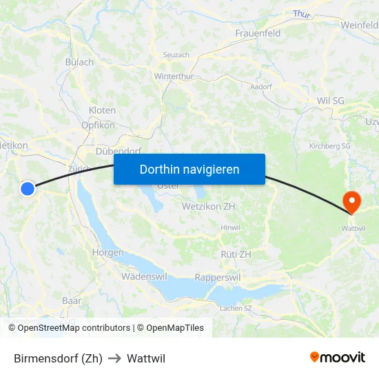 Birmensdorf (Zh) to Wattwil map