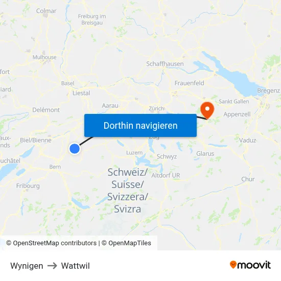 Wynigen to Wattwil map