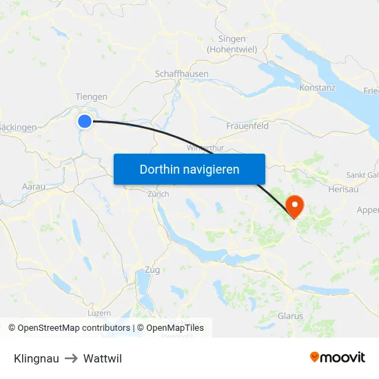 Klingnau to Wattwil map