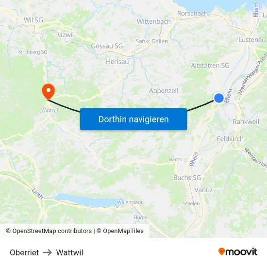 Oberriet to Wattwil map