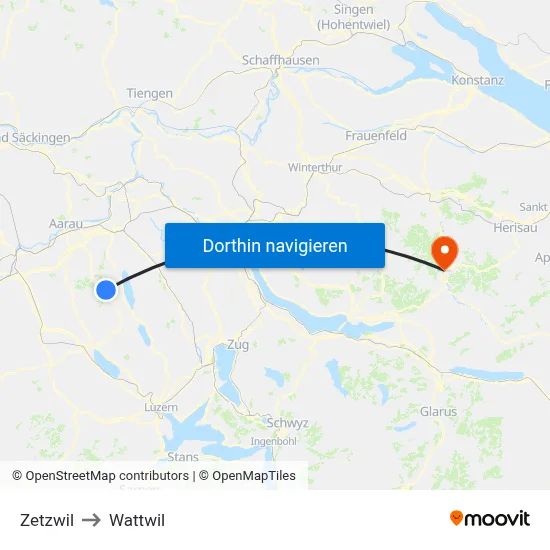 Zetzwil to Wattwil map