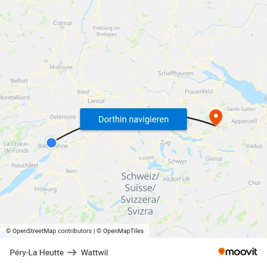 Péry-La Heutte to Wattwil map