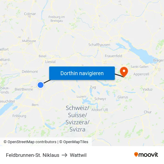 Feldbrunnen-St. Niklaus to Wattwil map