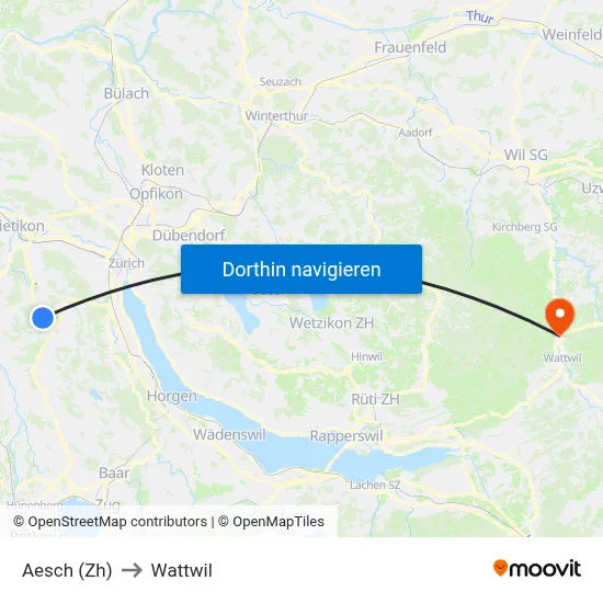 Aesch (Zh) to Wattwil map