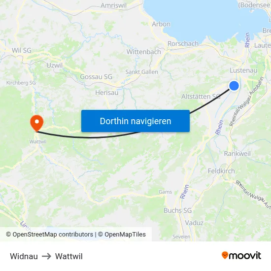Widnau to Wattwil map