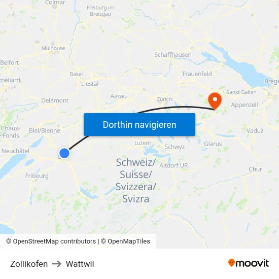 Zollikofen to Wattwil map