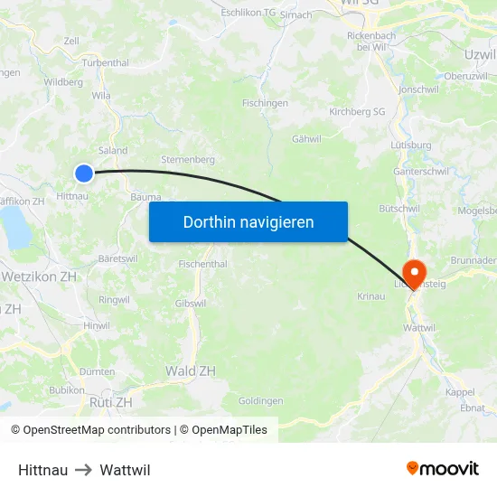 Hittnau to Wattwil map
