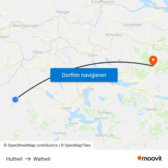 Huttwil to Wattwil map
