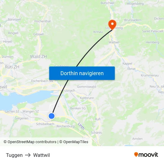 Tuggen to Wattwil map