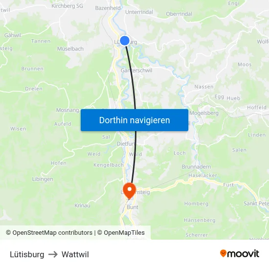 Lütisburg to Wattwil map