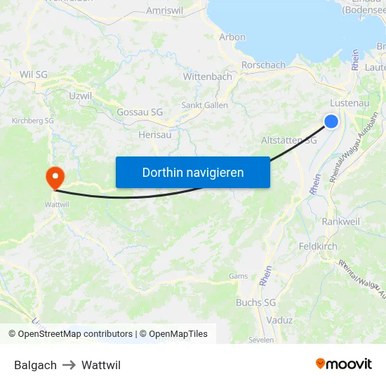 Balgach to Wattwil map