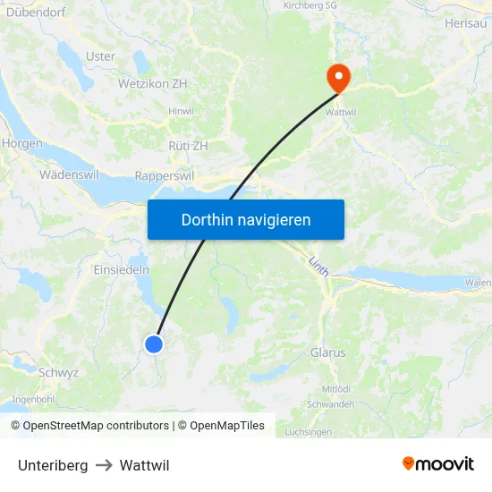 Unteriberg to Wattwil map