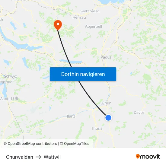 Churwalden to Wattwil map