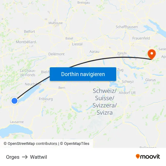 Orges to Wattwil map