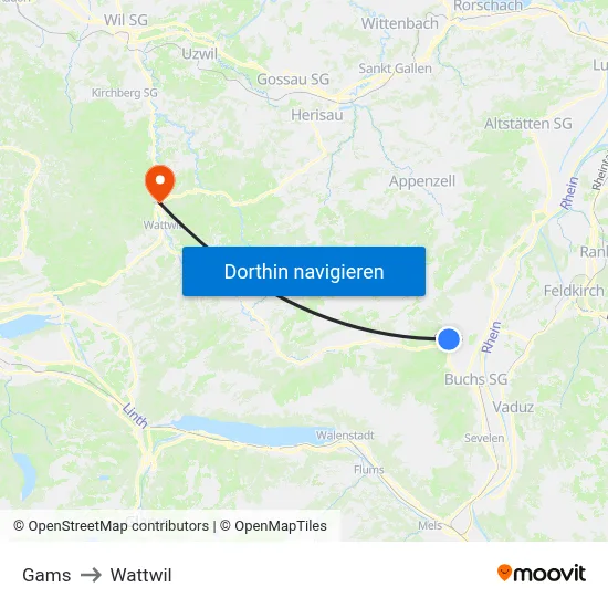Gams to Wattwil map