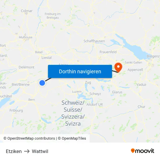 Etziken to Wattwil map