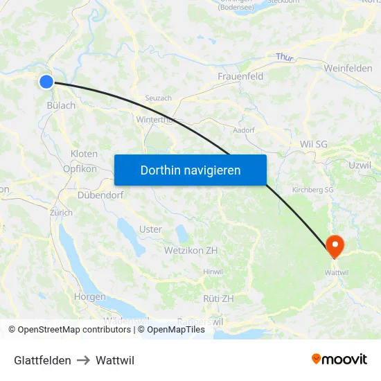 Glattfelden to Wattwil map
