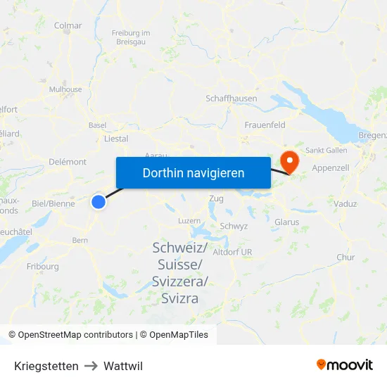 Kriegstetten to Wattwil map