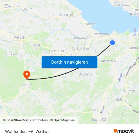 Wolfhalden to Wattwil map