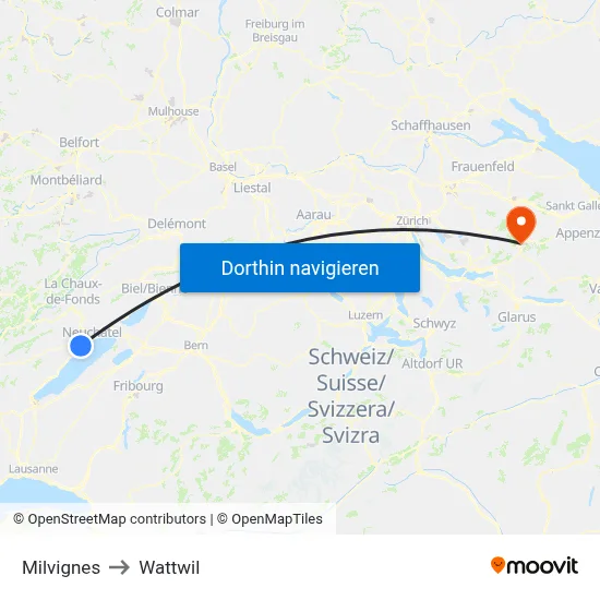 Milvignes to Wattwil map