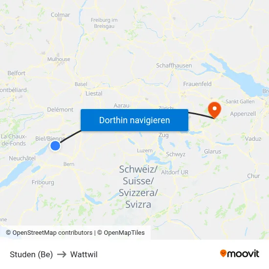 Studen (Be) to Wattwil map
