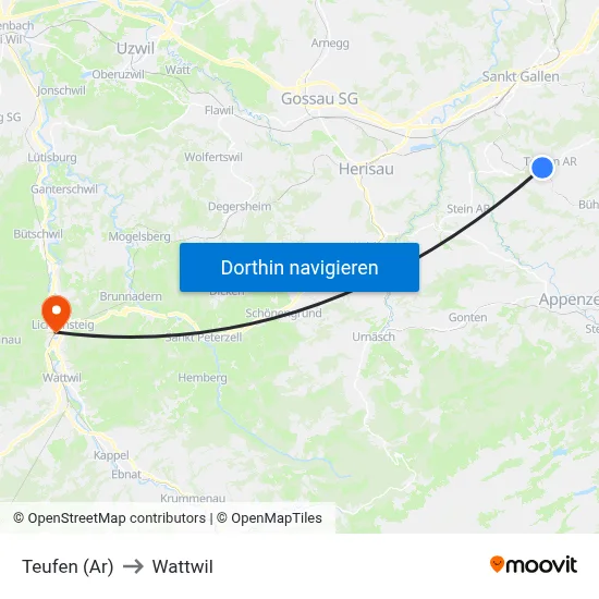 Teufen (Ar) to Wattwil map