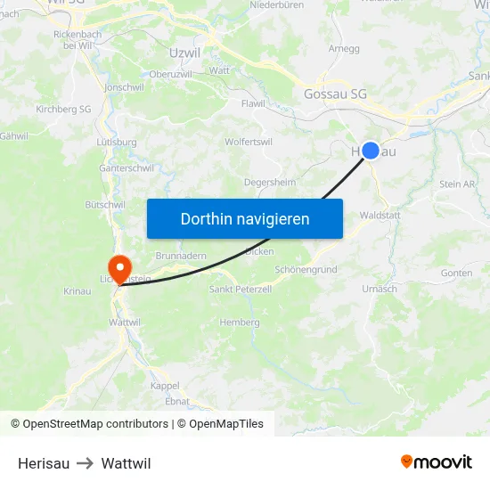 Herisau to Wattwil map