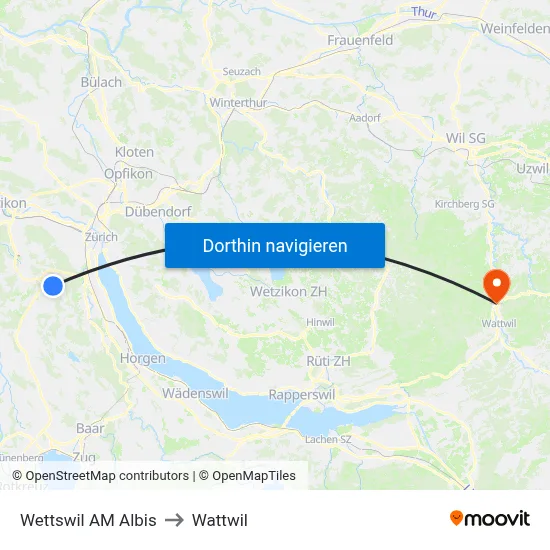 Wettswil AM Albis to Wattwil map