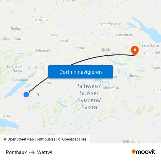 Ponthaux to Wattwil map